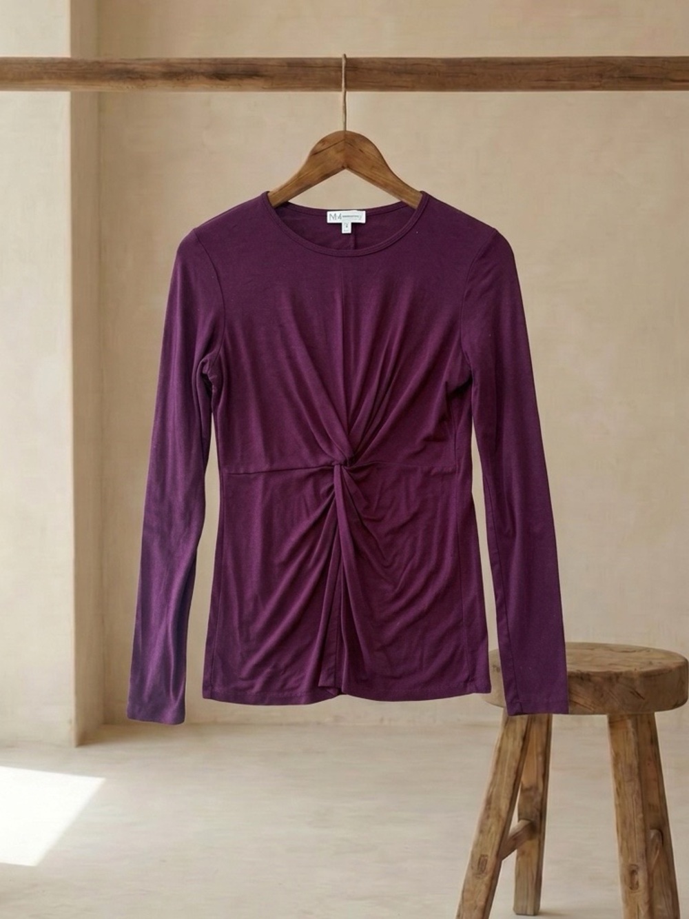 Neiman Marcus Twist-Front Long Sleeve Top - Burgundy